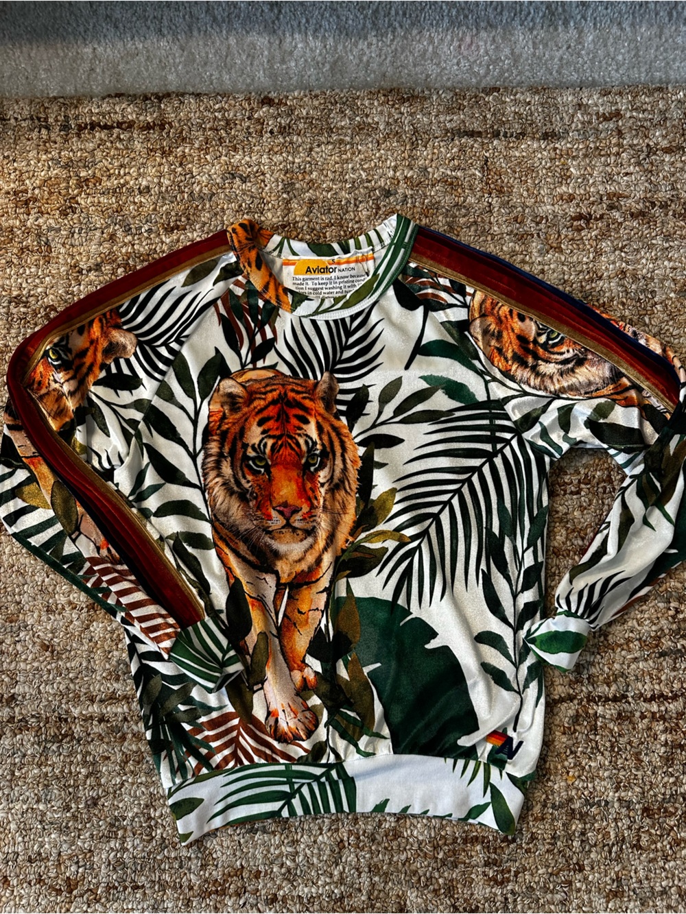 Rare Aviator Nation Velour Tiger Print Athletic Sweater — Green, White